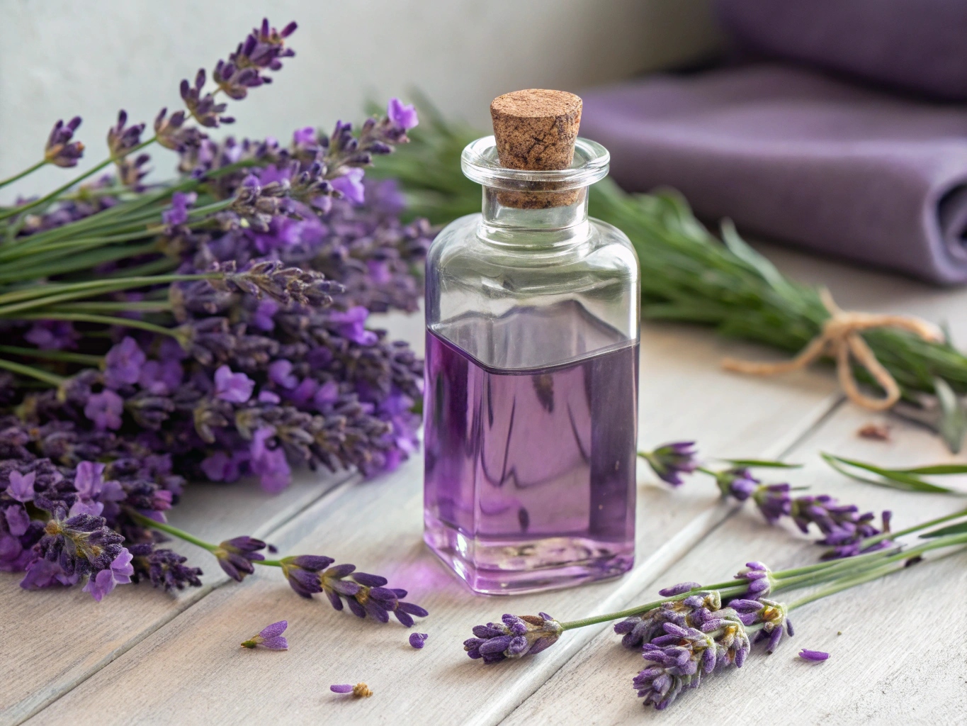 Lavendelolja i glasflaska med färska lavendelblommor